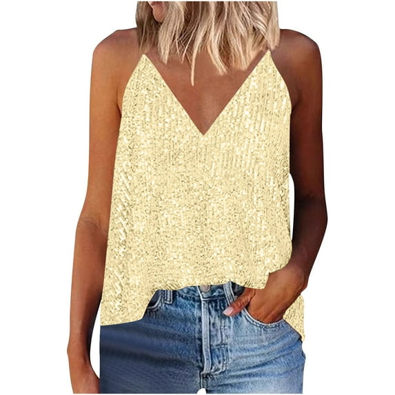 JGGSPWM Women's Sequined V-Neck Camisole Top Casual Fashion Blouse Beige 3XL