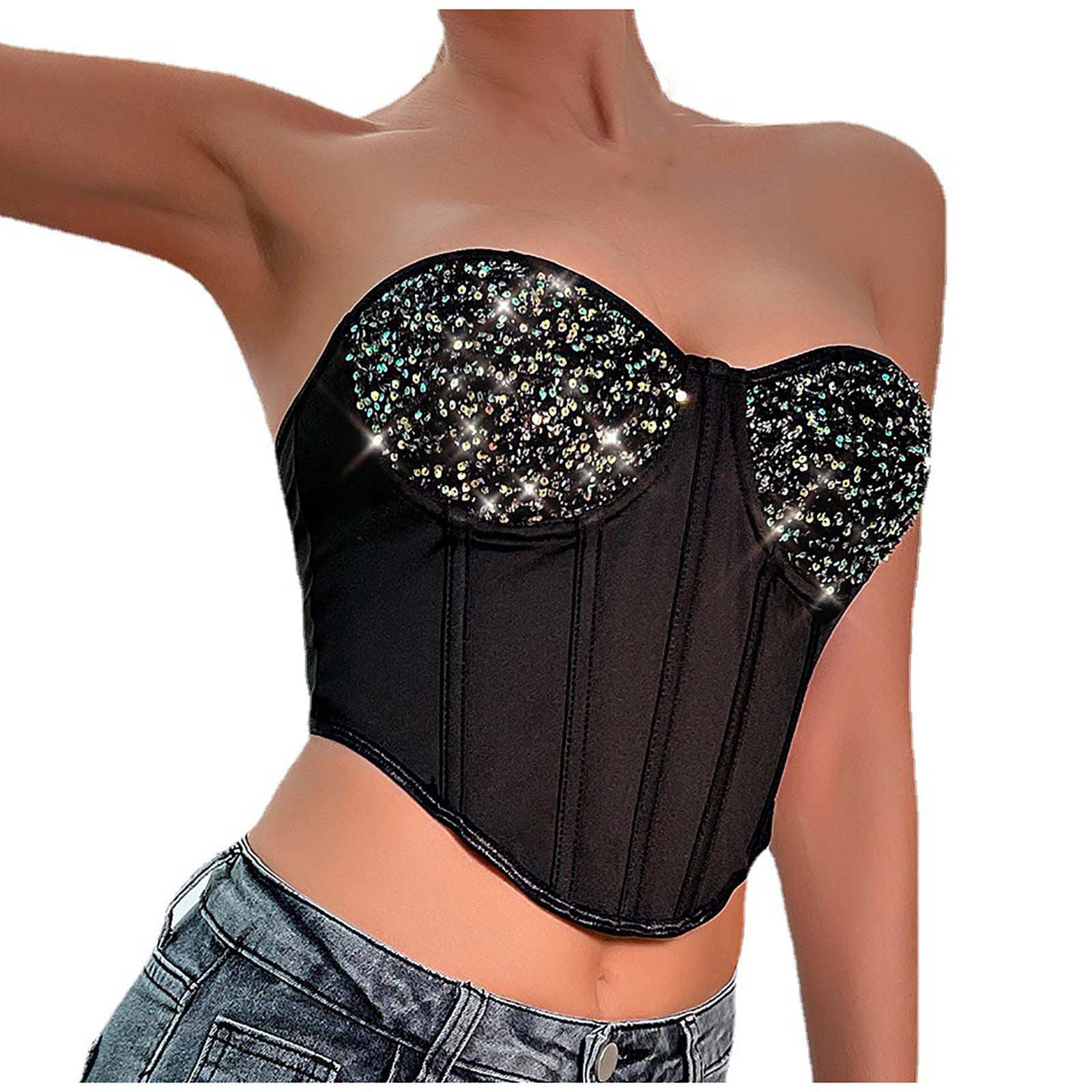  Slimers Women's Hook and Eye Back Bustier Y2k Black Outfits  Glitter Sequin Sexy Corset Top Boned Going Out Clubwear Cami Spaghetti  Strap Bodyshaper: Clothing, Shoes & Jewelry