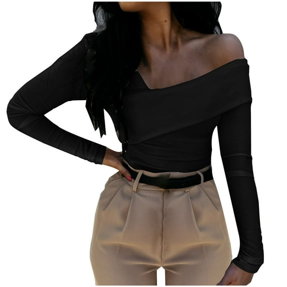 JGGSPWM Women's Sexy Off Shoulder Tops Long Sleeve Cross Wrap Ribbed Knit Shirt Blouse One Shoulder Ruched Going Out Tops Slim Fit Y2K Crop Tee Black#/001 2XL