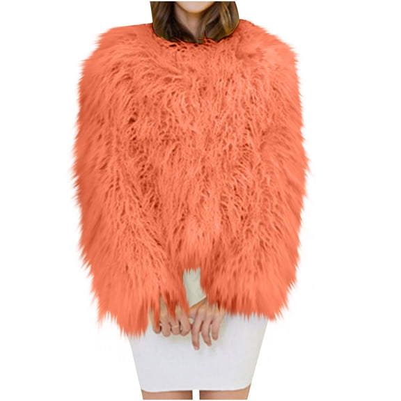 JGGSPWM Women's Shaggy Faux Furry Outwear Coat Jacket Long Sleeve Warm Winter Wear Orange 3XL