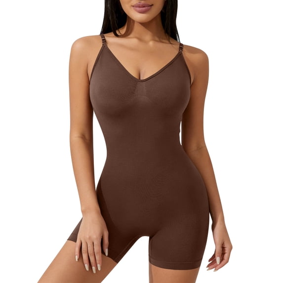JGGSPWM Women's Shapewear Bodysuit, Backless Tight Fitting Casual Solid Yoga Jumpsuit, Tummy Control Shorts for Daily Wear Brown XL