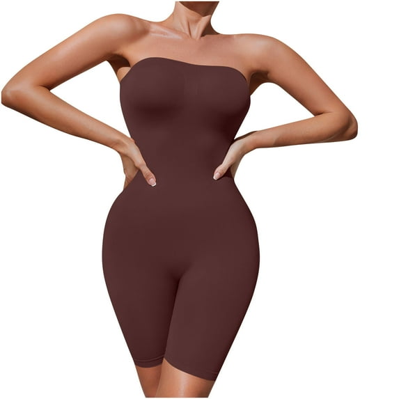 JGGSPWM Women's Shapewear Bodysuits Tummy Control Butt Lifter Body Shaper Strapless Seamless Mid Thigh Jumpsuit Tops Brown S