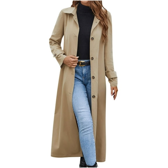 JGGSPWM Women's Shawl Collar Double Breasted Below Knee Slim Wool Trench Long Coat Khaki XL