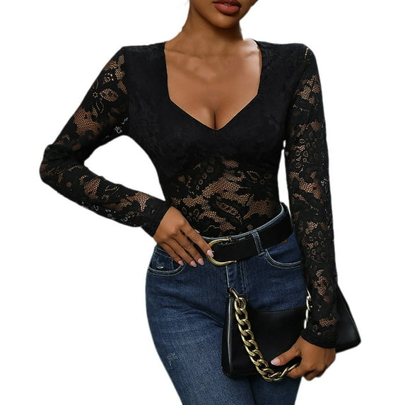 JGGSPWM Women's Sheer Floral Lace Long Sleeve Bodysuit: V Neck Slim Fit Bottom Shirts for Elegant Comfort Black M