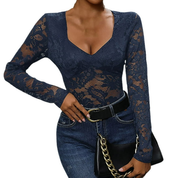 JGGSPWM Women's Sheer Floral Lace Long Sleeve Bodysuit: V Neck Slim Fit Bottom Shirts for Elegant Comfort Navy S
