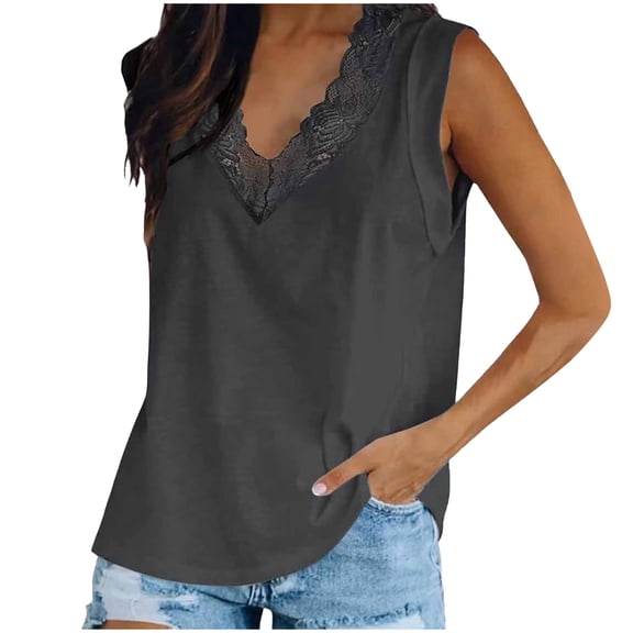 JGGSPWM Women's Sheer Lace Vest Loose Fitted Casual V Neck Sleeveless Crop Tank Tops Solid Baisc Tunic Summer Shirts Plain Blouse Gray M