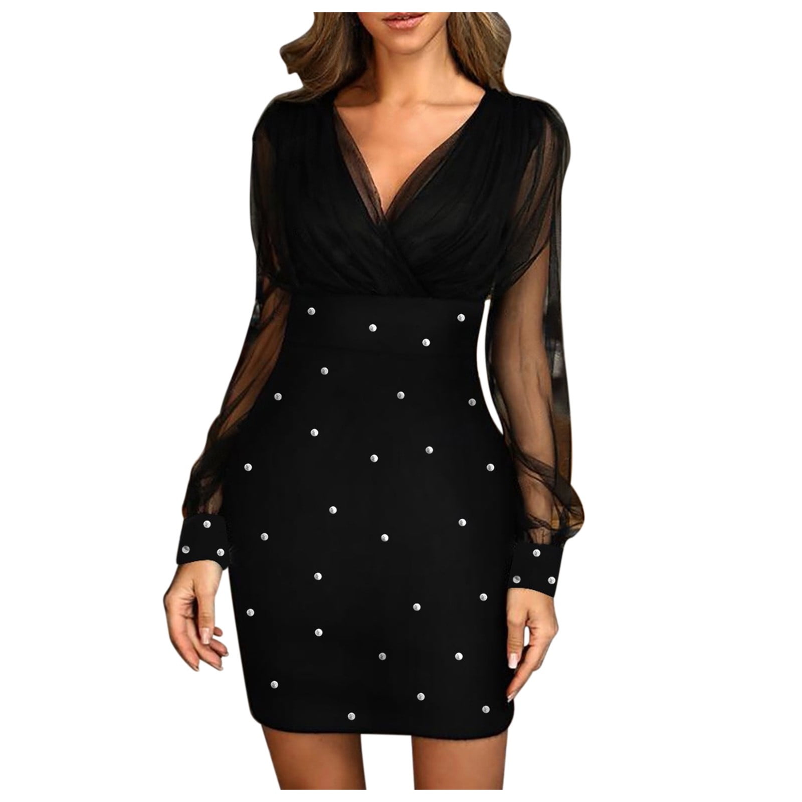 JGGSPWM Women's Sheer Long Sleeve V Neck Mini Dress Pearl Beading Dresses Black XL