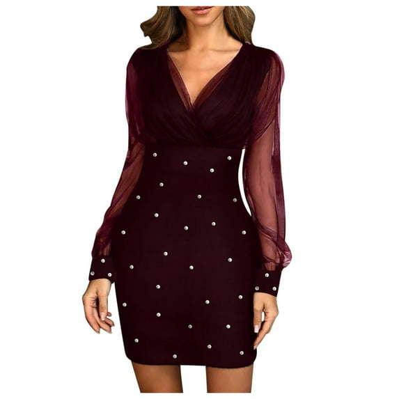 JGGSPWM Women's Sheer Long Sleeve V Neck Mini Dress Pearl Beading Dresses Wine 2XL