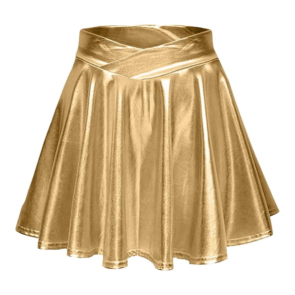 JGGSPWM Women's Shiny Metallic Wet Look Stretchy Flared Mini Skirt Fashion High Waist Pleated Solid Color Casual Short Skirts Gold S