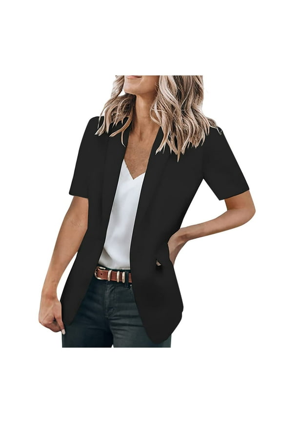 Women's Short Sleeve Blazer Casual Work Open Front Blazer Single Breasted Suit Jacket Black XXL