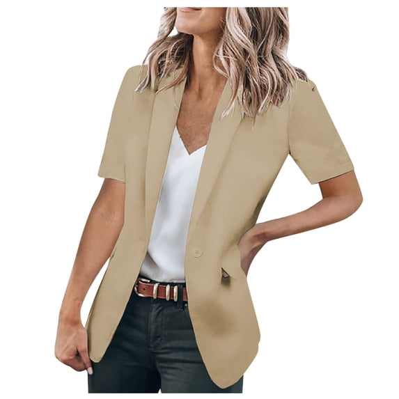 JGGSPWM Women's Short Sleeve Blazer Casual Work Open Front Blazer Single Breasted Suit Jacket Khaki XL