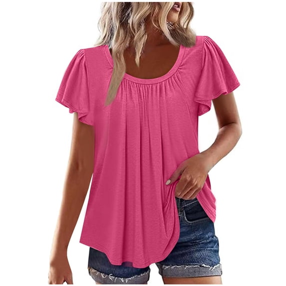 JGGSPWM Women's Short Sleeve Boho Crew Neck Tunic Shirts Summer Casual Ruched Blouse Tops Pink M