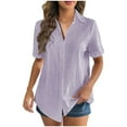 thumbnail image 1 of JGGSPWM Women's Short Sleeve Button Down Shirt Solid Color Cotton Linen Sleeved Cardigan Collar Purple M, 1 of 7