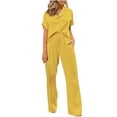 thumbnail image 1 of JGGSPWM Women's Short Sleeve Button down Solid Two Piece Set Plus Size Drawstring Wide Leg Pants Elegant Going out Casual Set Yellow XXXXL, 1 of 6