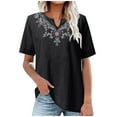 thumbnail image 1 of JGGSPWM Women's Short Sleeve Embroidered Peasant Boho Tunic Tops Casual Notch V-Neck Loose Fit Cotton Linen Blouse Black 2XL, 1 of 5