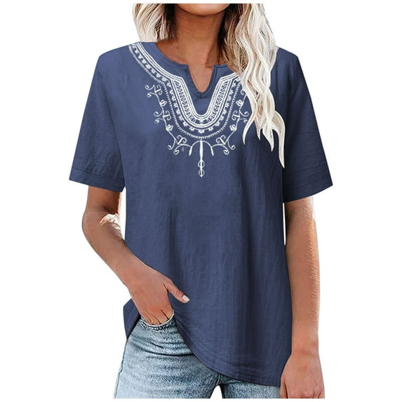 JGGSPWM Women's Short Sleeve Embroidered Peasant Boho Tunic Tops Casual Notch V-Neck Loose Fit Cotton Linen Blouse Navy XL