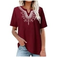 thumbnail image 1 of JGGSPWM Women's Short Sleeve Embroidered Peasant Boho Tunic Tops Casual Notch V-Neck Loose Fit Cotton Linen Blouse Wine 2XL, 1 of 5