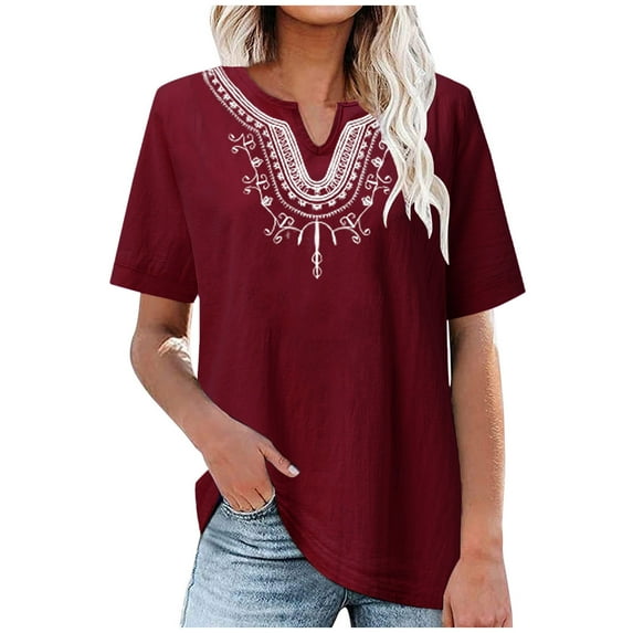 JGGSPWM Women's Short Sleeve Embroidered Peasant Boho Tunic Tops Casual Notch V-Neck Loose Fit Cotton Linen Blouse Wine XL