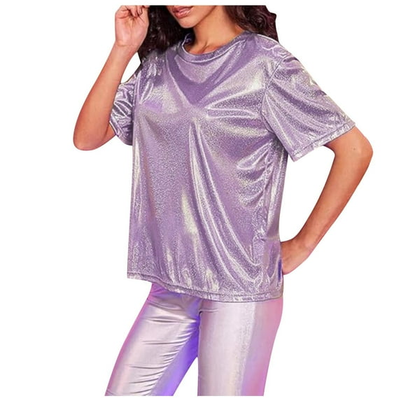 JGGSPWM Women's Short Sleeve Metallic Tunic Top Round Neck Love Printed Casual Sleeved Pullover Pink M