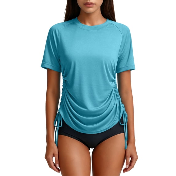 JGGSPWM Women's Short Sleeve Rash Guard Shirts Sun Protection Swim Shirts UPF 50+ Lightweight Adjustable Tie Swimwear Blue L