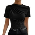 thumbnail image 1 of JGGSPWM Women's Short Sleeve Round Neck Top Side Ruching Summer Fashion Solid Color Sleeved Pullover Top/Shirt Black S, 1 of 5