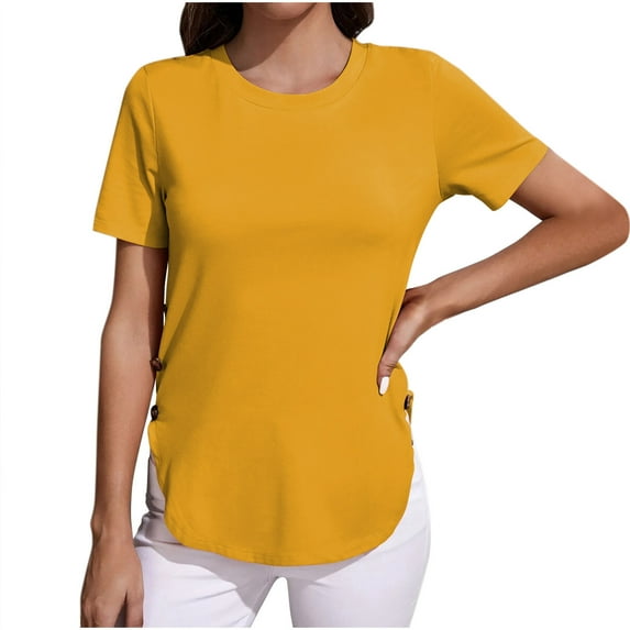 JGGSPWM Women's Short Sleeve T Shirt Side Buttons Round Neck Nail Buckle Tailcoat Sleeved Top Yellow M