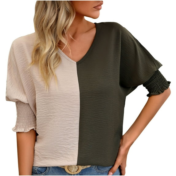 JGGSPWM Women's Short Sleeve V Neck Color Block Blouse Balloon Sleeve Chiffon Casual Pleated Tops Green M