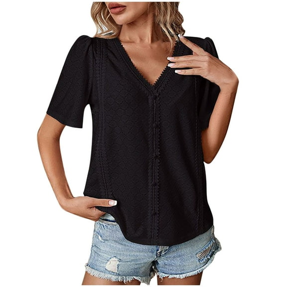 JGGSPWM Women's Short Sleeve V Neck Cotton Blouse Button Front Embroidered Spring Summer Fashion T Shirt Solid Color Casual Tops For Women Black M