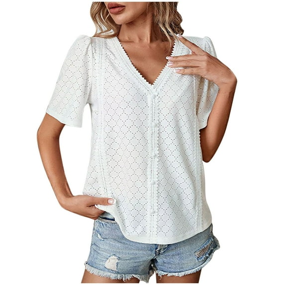 JGGSPWM Women's Short Sleeve V Neck Cotton Blouse Button Front Embroidered Spring Summer Fashion T Shirt Solid Color Casual Tops For Women White L
