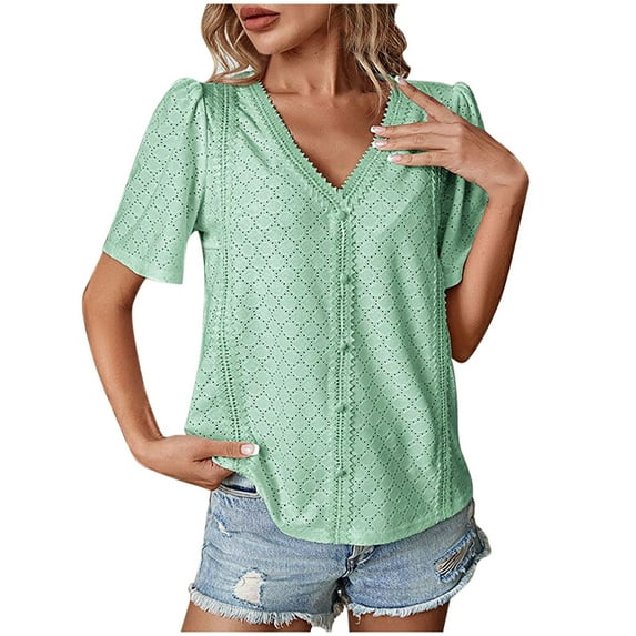 JGGSPWM Women's Short Sleeve V Neck Cotton Blouse Button Front Embroidered Spring Summer Fashion T Shirt Solid Color Casual Tops For Women Mint Green M