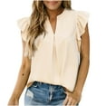 thumbnail image 1 of JGGSPWM Women's Short Sleeve V-Neck Solid Blouse Ruffle Cape Sleeve Shirts Ruched Casual Pleated Cute Comfy Summer Tops Beige S, 1 of 8
