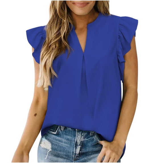 JGGSPWM Women's Short Sleeve V-Neck Solid Blouse Ruffle Cape Sleeve Shirts Ruched Casual Pleated Cute Comfy Summer Tops Blue S