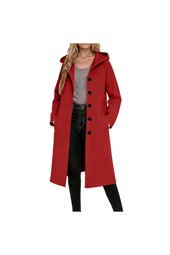 Women's Single Breasted Mid-Long Classic Solid Color Slim Fit Woolen Blend Coat Casual Warm Winter Hooded Coat Red XXL