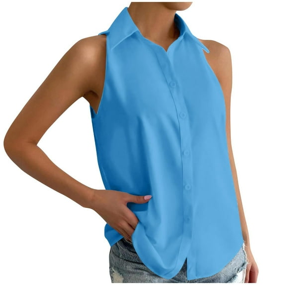 JGGSPWM Women's Sleeveless Button Down Shirt Classic Collared Blouse Basic Tank Tops Work Office T-Shirts Summer Trendy V Neck Casual Tops Sky Blue 3XL