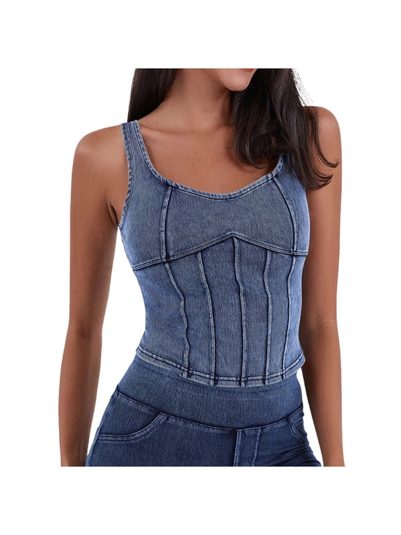 Women's Sleeveless Denim Vest Crop Tank Tops Spaghetti Straps Slim Fit Summer Cami Tees Blue M