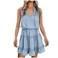 thumbnail image 1 of JGGSPWM Women's Sleeveless Drawstring V Neck Tiered Mini Dress Dresses Blue 2XL, 1 of 3