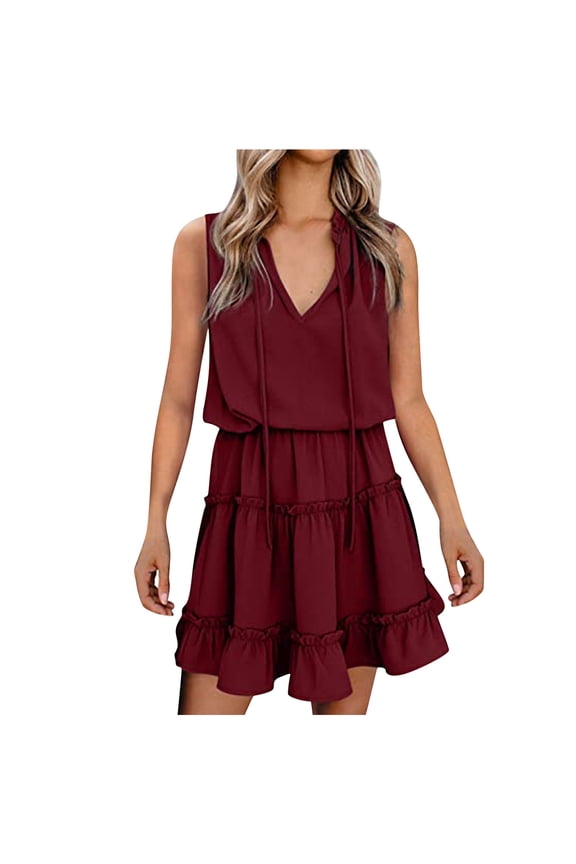 Women's Sleeveless Drawstring V Neck Tiered Mini Dress Dresses Wine M