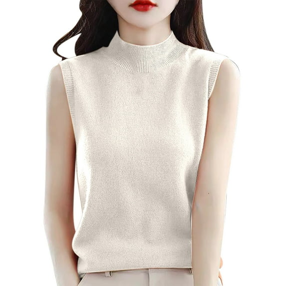 JGGSPWM Women's Sleeveless High Crewneck Cable Knit Sweaters Fashion Comfort Pullover Tops Beige S