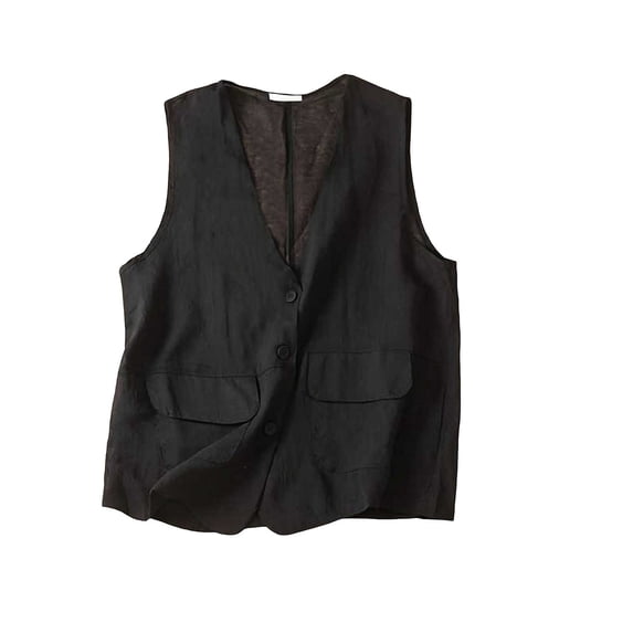 JGGSPWM Women's Sleeveless Linen Blend Vest, Button Down Casual Loose Lightweight Solid Regular Blazer Vests with Pockets Black L