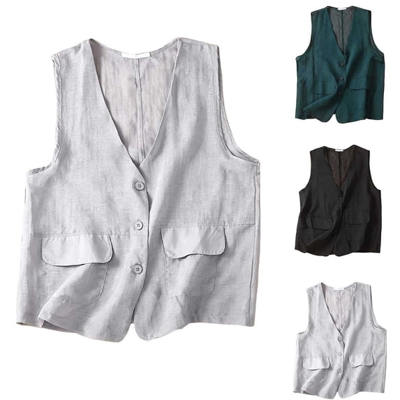 JGGSPWM Women's Sleeveless Linen Blend Vest, Button Down Casual Loose Lightweight Solid Regular Blazer Vests with Pockets Gray XXL