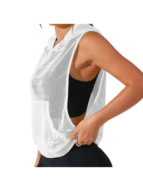 Women's Sleeveless Mesh Workout Hooded Top Gym Activewear Crop Tank Top Open Side Shirt for Athletic Exercise Running White S