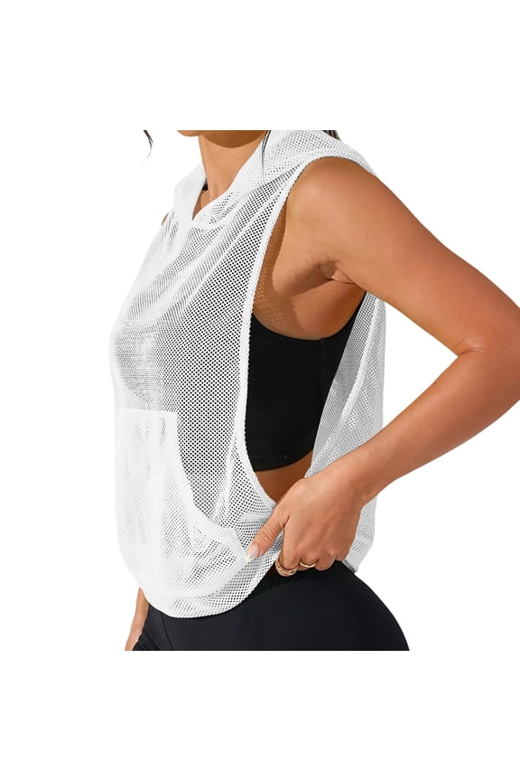 Women's Sleeveless Mesh Workout Hooded Top Gym Activewear Crop Tank Top Open Side Shirt for Athletic Exercise Running White S