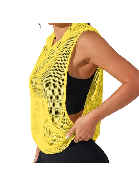 Women's Sleeveless Mesh Workout Hooded Top Gym Activewear Crop Tank Top Open Side Shirt for Athletic Exercise Running Yellow S