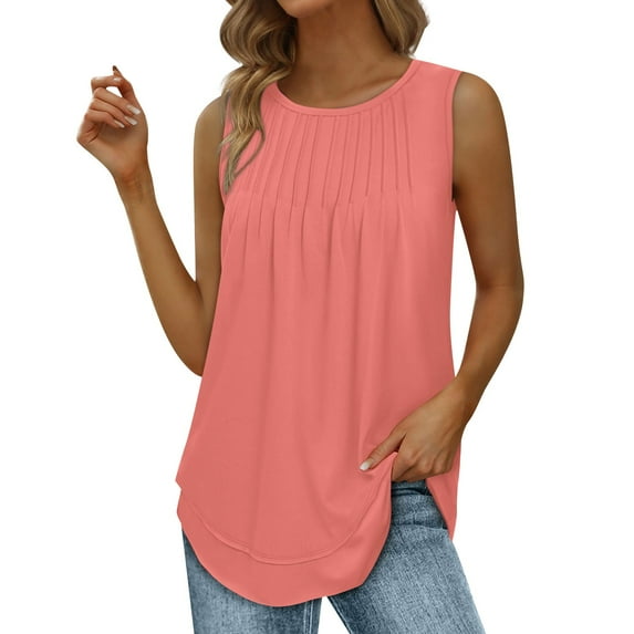 JGGSPWM Women's Sleeveless Pleated Front Cotton Blend Tunic Top Round Neck Summer Casual Tee Blouse Beige S