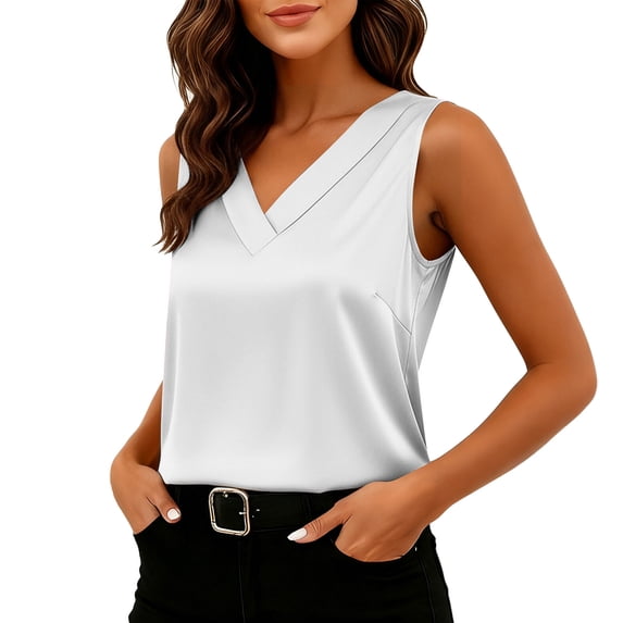 JGGSPWM Women's Sleeveless Satin Shirts Dressy Loose V Neck Office Blouse Trendy Summer Ladies Business Casual Tank Tops White XL