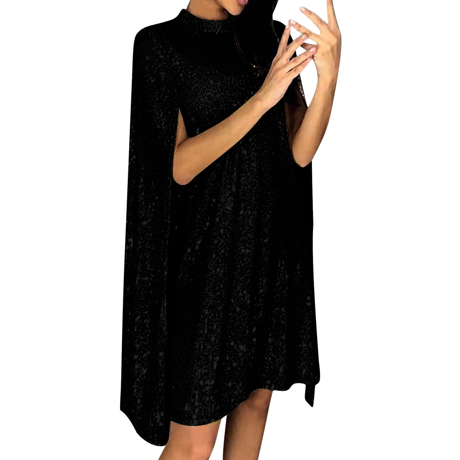 JGGSPWM Women's Sleeveless Solid Color Sequin Elegant Temperament Dress Long Sleeve Shiny Gold Cocktail Party Short Dress Black XL