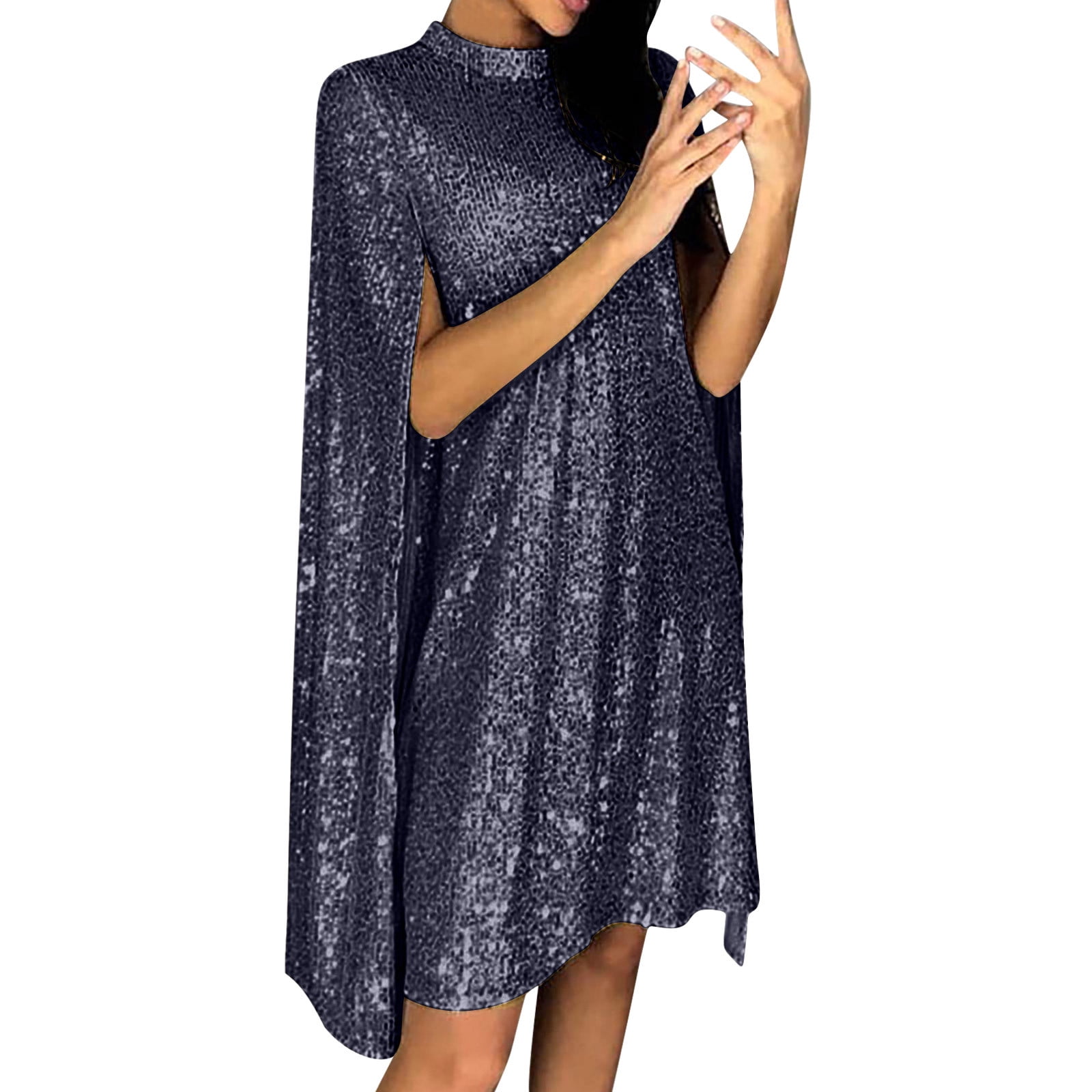 JGGSPWM Women's Sleeveless Solid Color Sequin Elegant Temperament Dress Long Sleeve Shiny Gold Cocktail Party Short Dress Blue M