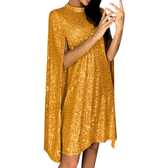 JGGSPWM Women's Sleeveless Solid Color Sequin Elegant Temperament Dress Long Sleeve Shiny Gold Cocktail Party Short Dress Gold S
