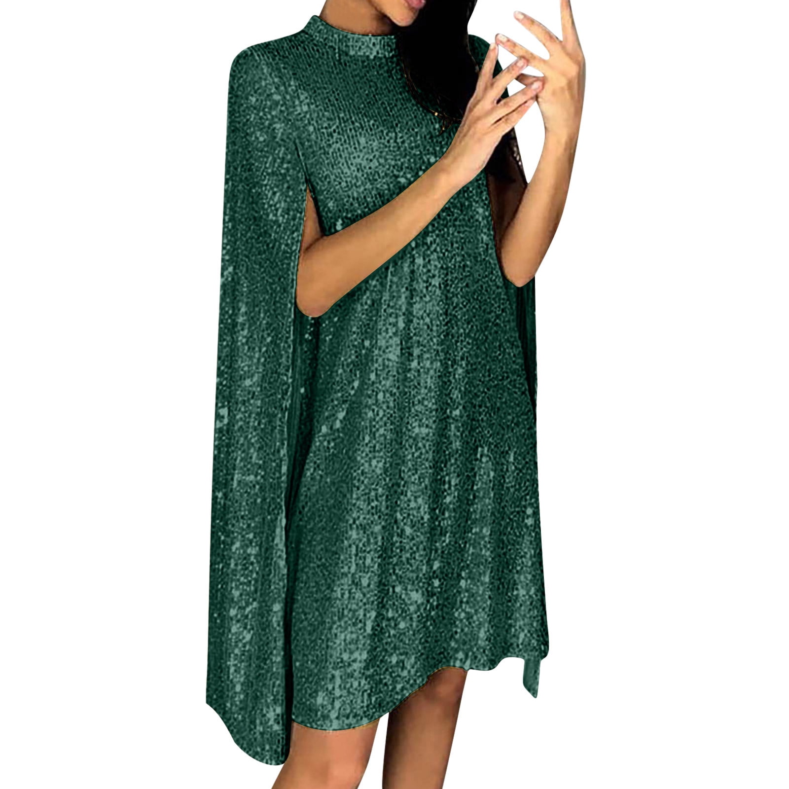 JGGSPWM Women's Sleeveless Solid Color Sequin Elegant Temperament Dress Long Sleeve Shiny Gold Cocktail Party Short Dress Green S