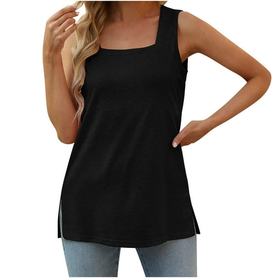 JGGSPWM Women's Sleeveless Tank Top Square Neck Tunic Classic Basic Tshirts Casual Comfy Vest Solid Tees Summer Cool Camisole Black S